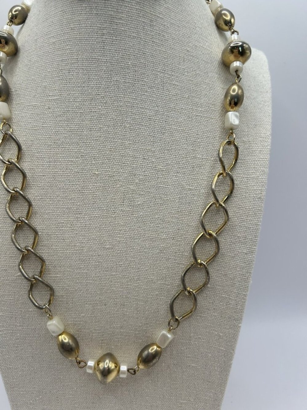 Vintage Gold Tone Metal Bead Chain Necklace Long Link Station Statement Boho Fun - Picture 2 of 13